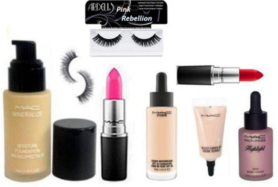 

Pink Rebellion Eyelashes 2 & Mac Studio Water weight Foundation & Moisture Broad Specturm Foundation & Matte Lipstick (Pack Of 2) & Select Cover Up Concealer & Prep+Prime Highlight(Set of 8)