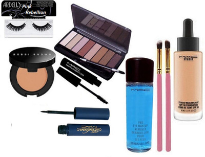 

Pink rebellion Eyelashes & Mac Studio WaterWeight Foundation & * Shades Eyeshadow Palette & Makeup Remover & Eyeliner+Mascara & Bobbi Brown Concealer & Makeup Brush (Pack of 2)(Set of 9)