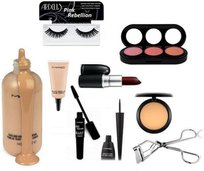 

Pink Rebellion Eyelashes & Mac 3 Shades Eyeshadow Palette & Face&Body Foundation & Select Coverup Concealer & Eyeliner+Mascara & Compact && Matte Lipstick & Eyelashes Curler(Set of 9)