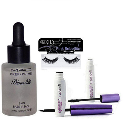 

Pink Rebellion Eyelashes & Mac Prep+Prime Primer Oil & Lakme Eyeliner+Mascara(Set of 4)
