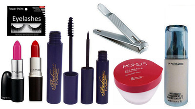 

POWER POINT eyelashes, mac lipstick, liner & mascara,pond's miracle day cream , mac match master foundation , nail cutter ( set of 8 )(Set of 8)