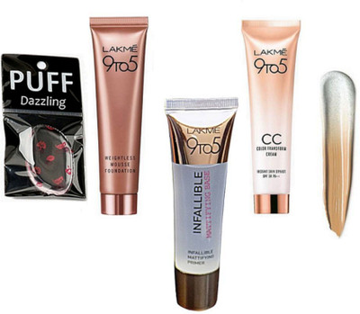 

Dazzling silicon puff with lakme 9to5 mousse with infallible mattifying primer with CC color transform cream(Set of 4)