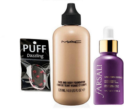 

dazzling Silicon puff with Face & body foundation With unicorn essence Face serum farsali(Set of 3)