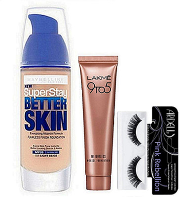 

Pink rebellion Eyelashes & Maybelline Super Stay Better Skin Foundaiton & Lakme 9 To 5 Weightless Mousse Foundation(Set of 3)
