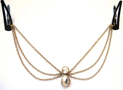 Pretty Ponytails Kundan Tikka Gold Matha Patti Wedding Jewelry Hair Chain, Hair Pin(Gold, White)