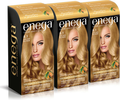 

Enega Cream hair color (100 ml/each) superior quality with Argan Oil & Green Tea extract smooth care for your precious hair! GOLDEN BLONDE 8.1 (Pack of 3) Hair Color(GOLDEN BLONDE 8.1)