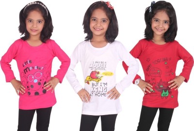 DIAZ Girls Printed Cotton Blend T Shirt(Pink, Pack of 3)