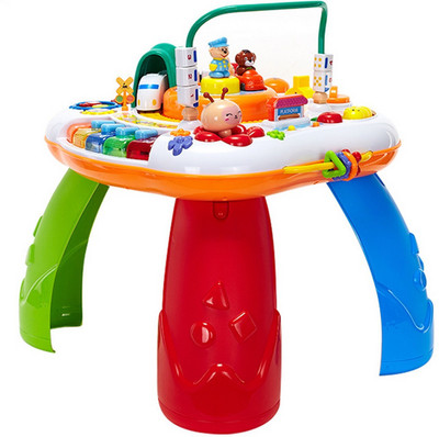 

Kiddale Multifunctional Playing table with light , music, musical piano, movable toy train with sound, doll and car turntable, number and multi-color blocks, colorful play rings to learn shape and color -A Fun Musical Educational Toy for Kids(18 months to