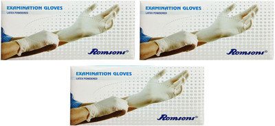 

Romsons MEDIUM EXAMINATION GLOVES, 100 PCs. PACK, COMBO OF 3 PACKS, TOTAL 300 GLOVES Latex Examination Gloves(Pack of 300)