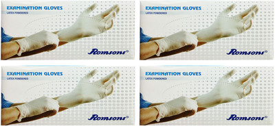 Romsons MEDIUM EXAMINATION GLOVES, 100 PCs. PACK, COMBO OF 4 PACKS, TOTAL 400 GLOVES Latex Examination Gloves(Pack of 400)