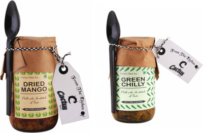

Cactus Spices Homemade Dried Mango Pickle and Green Chilli Pickle - 200g Each Mango Pickle(400 g)