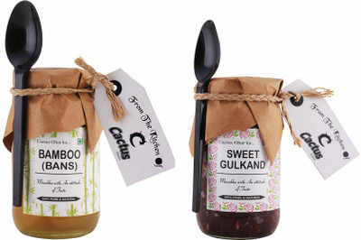 

Cactus Spices Homemade Sweet Gulkand Murabba with Neem Honey & Bans/Bamboo Murabba with Neem Honey - 450g Each Green Gooseberry Murabba(900 g)