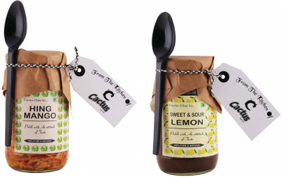 

Cactus Spices Homemade Hing Mango and Sweet & Sour Lemon Pickle - 425g Each Mango Pickle(850 g)