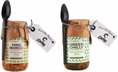 

Cactus Spices Homemade Hing Mango Pickle and Green Chilli Pickle - 200g Each Mango Pickle(400 g)