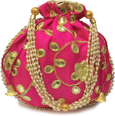 

Shubh Shagun Wedding Partywer Handbag Clutch Purses Potli(Pink, Gold), Gold;pink