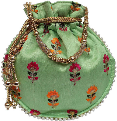 

bagaholics Ethnic Silk Potli Batwa Pouch Bag with Embroidery Potli(Green)