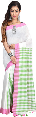 Rukmini Boutique Printed Handloom Cotton Blend Saree(White)