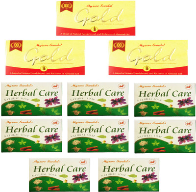 

Mysore Sandal GOLD SOAP 125GM + HERBAL CARE NATURAL SOAP 100GM(100 g, Pack of 11)