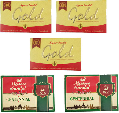 

Mysore Sandal GOLD SOAP 125GM + CENTENNIAL SOAP 100GM(100 g, Pack of 5)