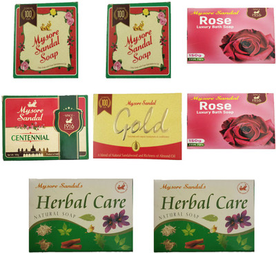 

Mysore Sandal SOAP 150GM+ ROSE LUXURY BATH SOAP 150GM+ CENTENNIAL SOAP 100GM + GOLD SOAP 125GM + HERBAL CARE NATURAL SOAP 100GM(100 g, Pack of 8)