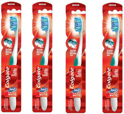 

Colgate 360 Visible White Toothbrush With Whitening & Whole Mouth Clean Tongue Cleaner Tooth Brush 100% Soft Brush (Pack of 4 Piece) Soft Toothbrush