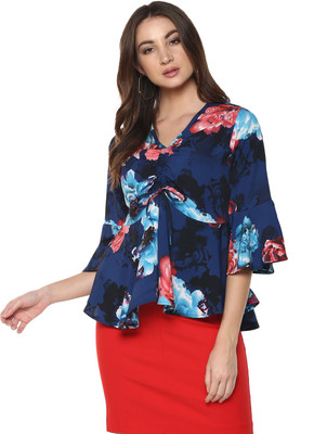 MAYRA Casual 3/4 Sleeve Floral Print Women Blue Top