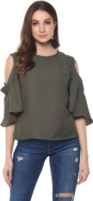 MAYRA Casual 3/4 Sleeve Solid Women Green Top