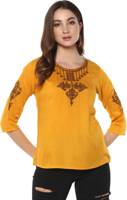 MAYRA Casual 3/4 Sleeve Solid Women Yellow Top