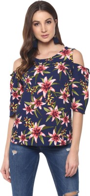MAYRA Casual 3/4 Sleeve Floral Print Women Blue Top