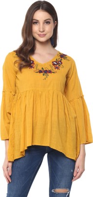 MAYRA Casual 3/4 Sleeve Solid Women Yellow Top