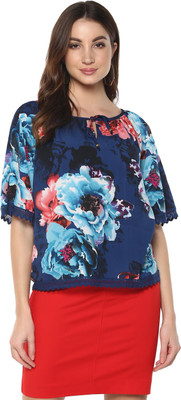MAYRA Casual 3/4 Sleeve Floral Print Women Blue Top