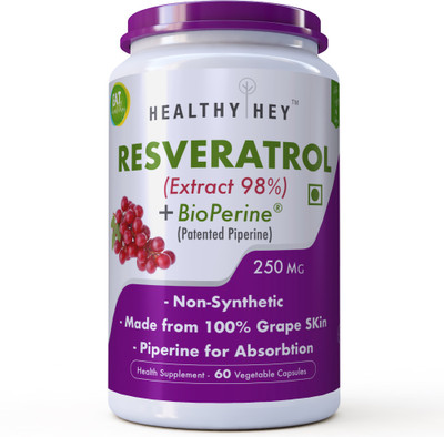 

HealthyHey Nutrition Resveratrol Extract 98% Plus BioPerine for Absorption, 60 Vegetable Capsules(250 mg)