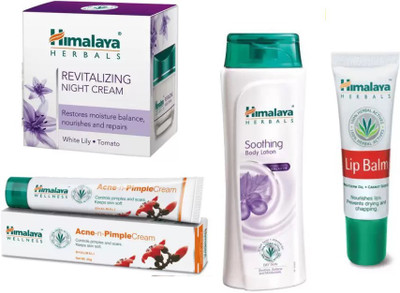 

Himalaya LIP BLAM, SOOTHING BODY LOTION, ANCE N PIMPLE CREAM, REVITALIZING NIGHT CREAM(Set of 4)