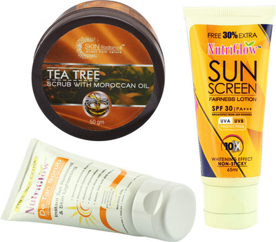 

NutriGlow Tea tree scurb with moroccan oil , De Tan Scrub and Sunscreen fairness lotion(Set of 3)