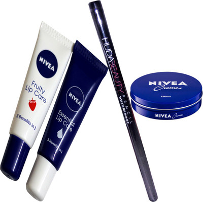

Nivea Cream 20 ml With Lip Care & Fruity Lip Tube Or Water Proof Liquid Matte Eyeliner Pencil Stay 36 hrs (Set of 4)(Set of 4)