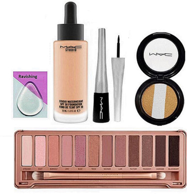 

ravishing silicon puff, MAC studio water weight foundation & eyeliner & 3 way sets of eye shadow compact & Naked 12 shades eye shadow palette(Set of 5)