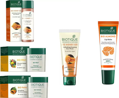 

BIOTIQUE BIO Honey Refreshing Foaming Face Wash, Fruit Whitening & Depigmentation Face Pack, Papaya Revitalizing Tan-Removal Scrub, Honey Gel Refreshing Foaming FaceÂ cleanser, lip balm(Set of 5)