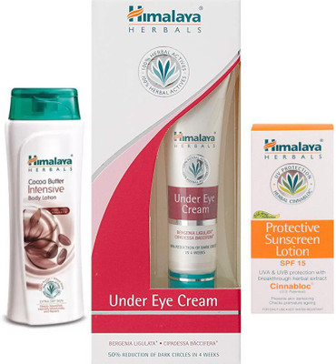 

Himalaya PROECTIVE SUN SCREEN LOTION, UNDER EYE CREAM , COCA BUTTER BODY LOTION(Set of 3)