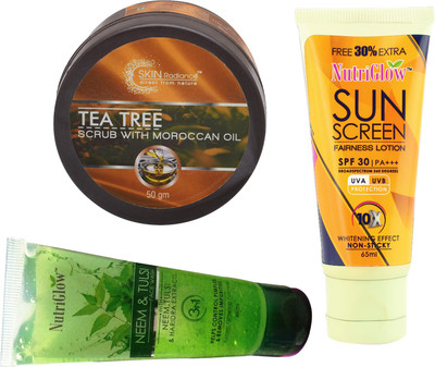 NutriGlow Tea tree scurb with moroccan oil , De Tan Scrub and Neem & Tulsi face wash(Set of 3)