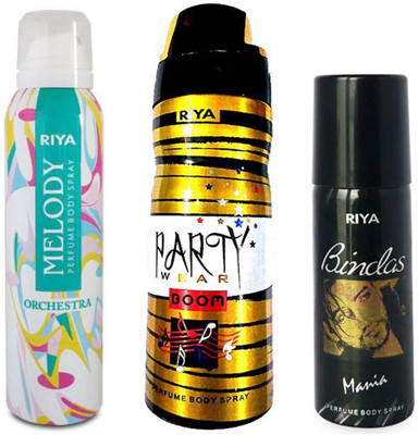 

Riya MELODY PERFUME BODY SPRAY 150ML+PARTY WEAR BOOM PERFUME BODY SPRAY 200ML+BINDAS MANIA PERFUME BODY SPRAY 150ML Deodorant Spray - For Men(150 ml, Pack of 3)