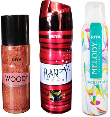 

Riya WOODY+ PARTY WEAR+ MELODY Deodorant Spray - For Men & Women(150 ml, Pack of 3)