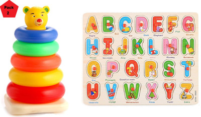 

Nabhya Combo Set Of Wooden Capital Alphabets Tray with Picture with Knobs And Teddy Rings Jr Stacking Rings(Multicolor)