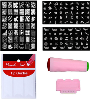 

Royalkart Nail Art Combo Kit With 2 pcs Stamping Image Plates (TO-03,09), 1pc Large Stamping Image Plate(XY14) & French Manicure Finger Tip Guide(Multicolour)