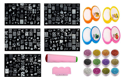 

Royalkart Mega Combo Kit Of Nail Art Tools 3D Nail Art Stamping 5 Image Plates, Double-sided Stamper & Metal Scraper, 12 pcs Glitter Powder Set and Multicolour Nail Cleaning Tissue (CF 05,06,07,08,11)(Multicolour)