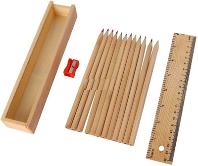 

Zaavic Wooden Pencil Box with 12 Different Colour Pencils, Ruler and Sharpener Art Wood Pencil Box(Set of 12, Brown)