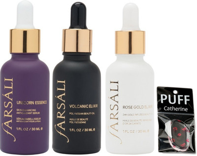 

catherine silicon puff, farsali unicorn essence, volcanic Elixer, Rose gold elixer face serum(Set of 4)