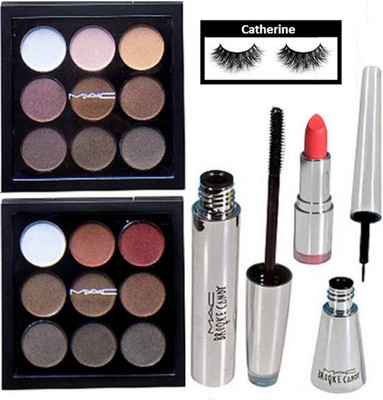 

catherine eyelashes, mac 9 shade eyeshadow palette ( set of 2) & mac brooke candy eyeliner and mascara with colorbar lipstick(Set of 6)