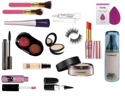 

Fancify Sponge Puff & Makeup Brush 2 With Mac Liquid Eyeliner & Mascara And 2 Shades Blusher & Pro Long Wear Concealer, Star lip Gloss & MAC Match Master SPF 15 Make-Up Foundation, Face Loose powder & Stick kajal, Eyelashes & Matte Finish Lipstick& Lashfi