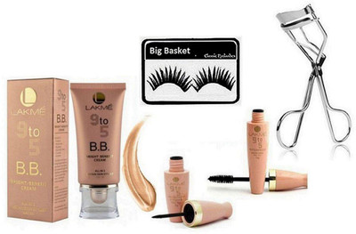 

big basket Eyelashes & 9 To 5 BB Bright Benefit Cream Foundation,Liquid Eyeliner+Mascara & Eyelashes Curler(Set of 5)