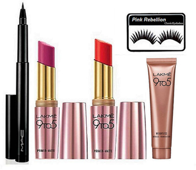 

Pink Rebellion Eyelashes with Lakme 9 to 5 primer+matte finish long lasting lipstick (set of 2)& Pen Eyeliner & Lakme 9 To 5 Weightless Mousse Foundation(Set of 4)